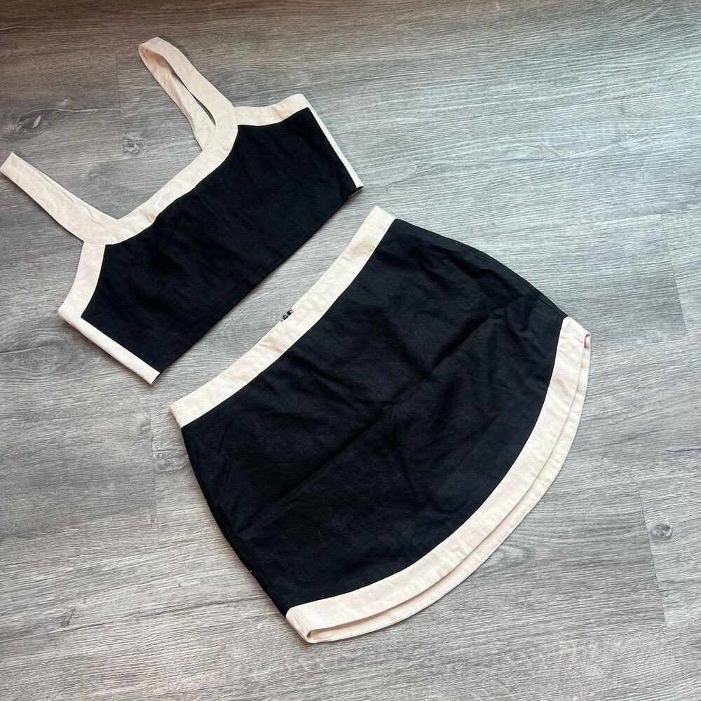 7 For All Mankind Two Piece Set Skirt Top Black Ivory Linen boho fun NWT Large